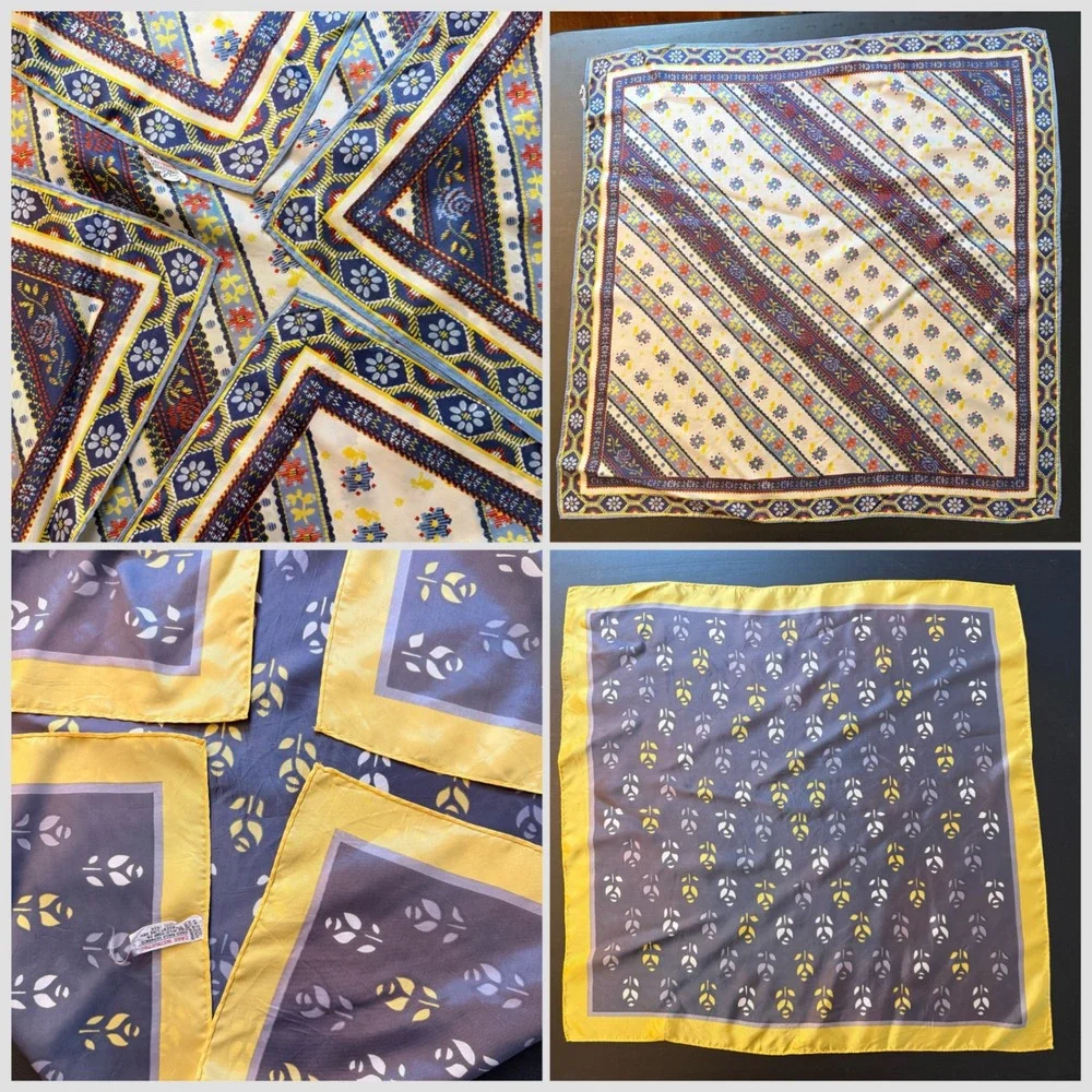 Vintage Japan Acetate Square Scarf‎ Bundle Floral Geometric Blue Yellow Grey 2pc